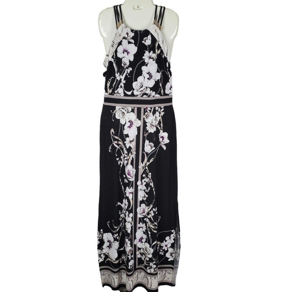 White House Black Market Halter Maxi Floral Black Dress Size Small
